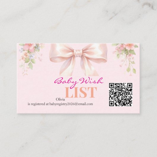 Pink Bow Coquette Floral Baby Registry QR Code Informatiekaartje (Voorkant)