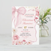  Pink Bow Coquette Floral Quinceanera  Kaart (Staand voorkant)