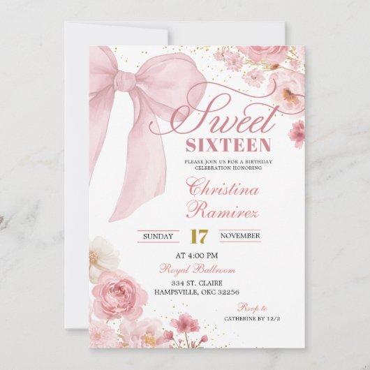 Pink Bow Coquette floral Sweet Sixteen Kaart (Voorkant)