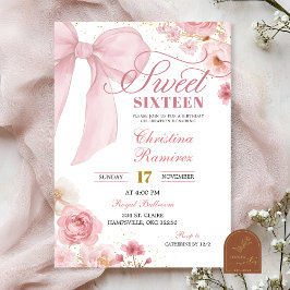 Pink Bow Coquette floral Sweet Sixteen Kaart