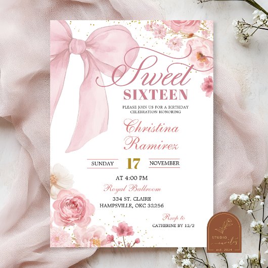 Pink Bow Coquette floral Sweet Sixteen Kaart