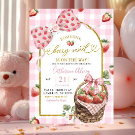 Pink Bow Coquette Gingham Berry Sweet Baby Shower Kaart