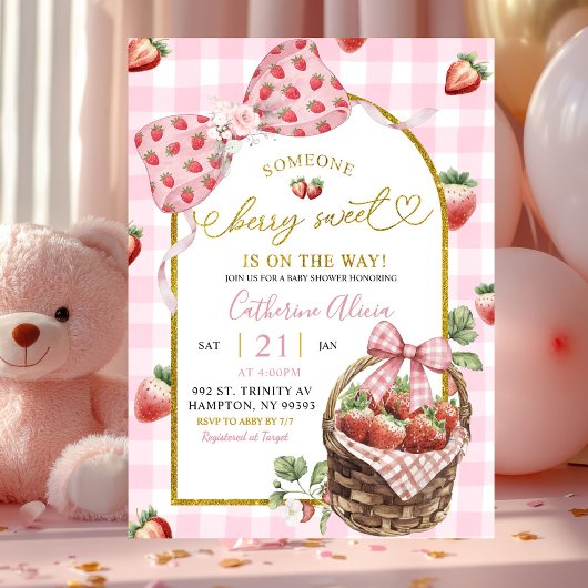 Pink Bow Coquette Gingham Berry Sweet Baby Shower Kaart
