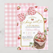 Pink Bow Coquette Gingham Berry Sweet Baby Shower Kaart (Voorkant / Achterkant)