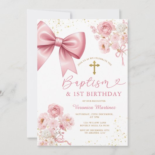 Pink Bow Coquette Girl Baptism and Birthday Floral Kaart (Voorkant)