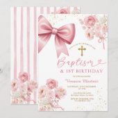 Pink Bow Coquette Girl Baptism and Birthday Floral Kaart (Voorkant / Achterkant)