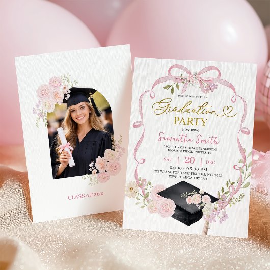 Pink Bow Coquette Girl Graduation Invitation Kaart