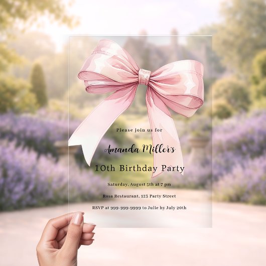 Pink bow coquette girl luxury clear birthday acryl uitnodigingen