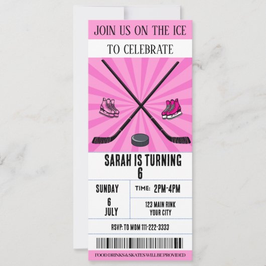 Pink Bow Coquette Ice Hockey Ticket Verjaardag Kaart (Voorkant)