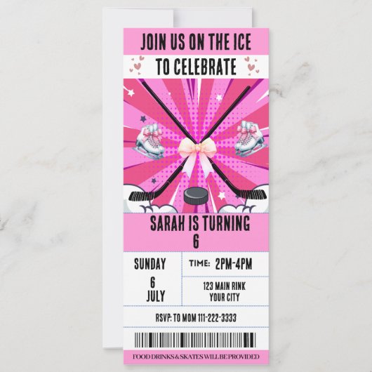 Pink Bow Coquette Ice Hockey Ticket Verjaardag Kaart (Voorkant)