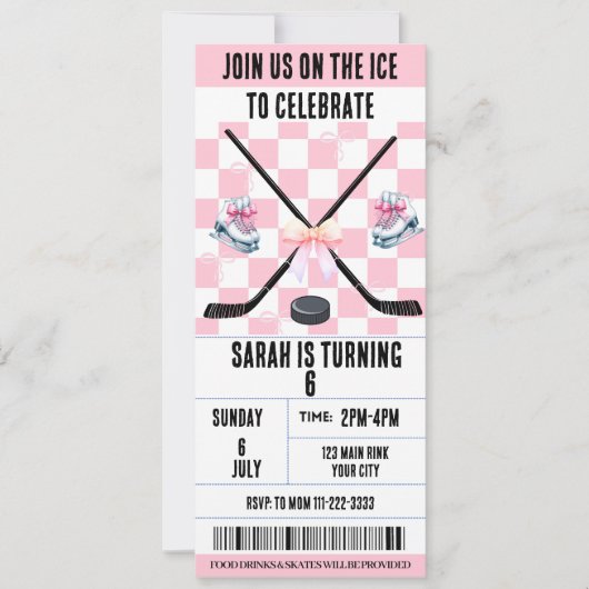 Pink Bow Coquette Ice Hockey Ticket Verjaardag Kaart (Voorkant)