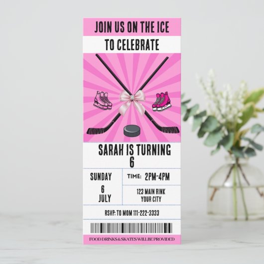 Pink Bow Coquette Ice Hockey Ticket Verjaardag Kaart (Staand voorkant)