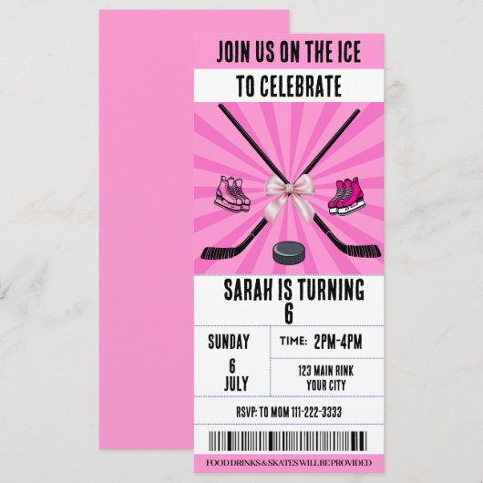 Pink Bow Coquette Ice Hockey Ticket Verjaardag Kaart (Voorkant / Achterkant)