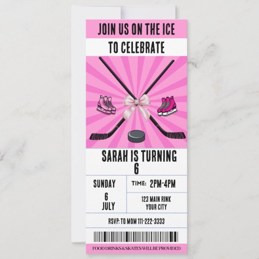 Pink Bow Coquette Ice Hockey Ticket Verjaardag Kaart (Voorkant)