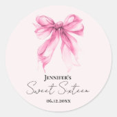 Pink Bow Coquette Script Sweet 16 Party Blush Ronde Sticker (Voorkant)