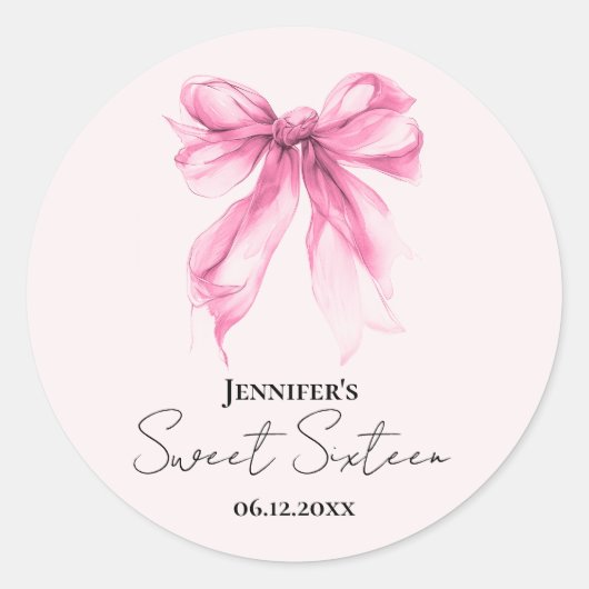 Pink Bow Coquette Script Sweet 16 Party Blush Ronde Sticker (Voorkant)