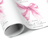 Pink Bow Coquette Script Sweet 16 Party Cadeaupapier (Rol Hoek)