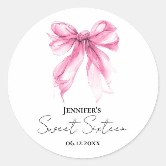 Pink Bow Coquette Script Sweet 16 Party Ronde Sticker (Voorkant)