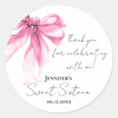 Pink Bow Coquette Script Sweet 16 Thank You Ronde Sticker (Voorkant)