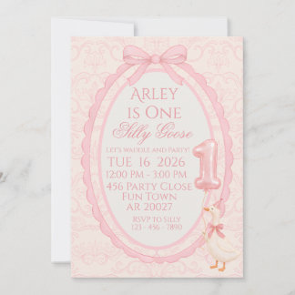 Pink Bow Coquette Silly Goose 1st Birthday Invitat Kaart