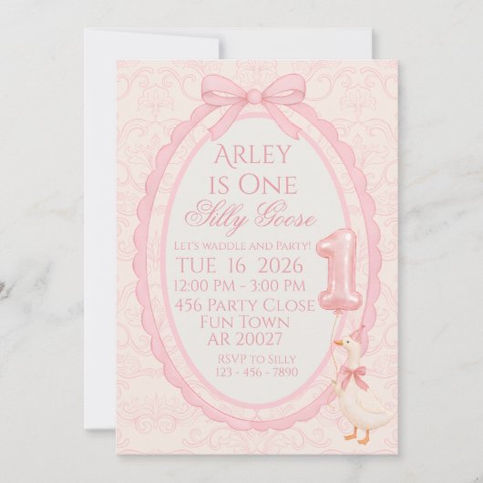 Pink Bow Coquette Silly Goose 1st Birthday Invitat Kaart (Voorkant)