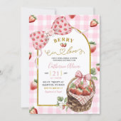 Pink Bow Coquette Strawberry Gingham Bridal Shower Kaart (Voorkant)