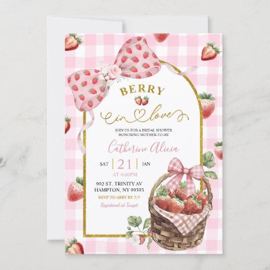 Pink Bow Coquette Strawberry Gingham Bridal Shower Kaart (Voorkant)