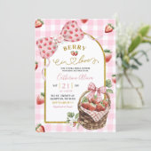 Pink Bow Coquette Strawberry Gingham Bridal Shower Kaart (Staand voorkant)