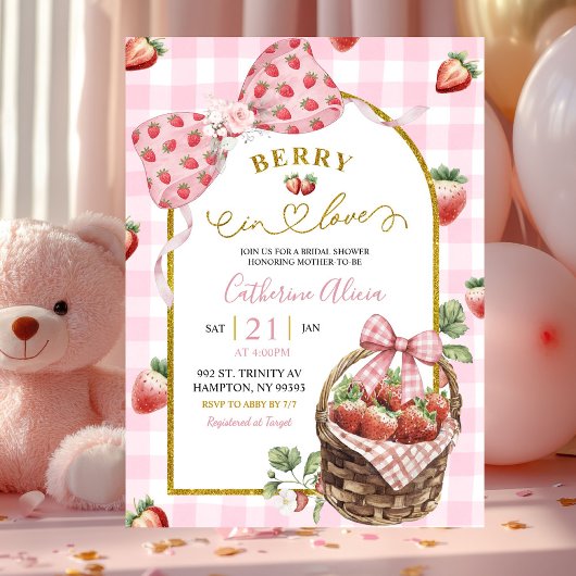Pink Bow Coquette Strawberry Gingham Bridal Shower Kaart