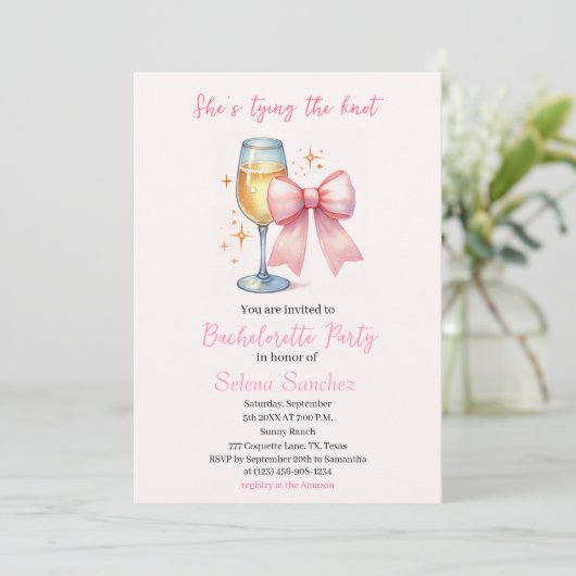 Pink Bow Coquette Waterverf vrijgezellenfeest Kaart (Staand voorkant)
