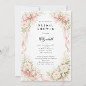 Pink Bow Coquette White Rose Florals Bridal Shower Kaart (Voorkant)