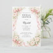 Pink Bow Coquette White Rose Florals Bridal Shower Kaart (Staand voorkant)