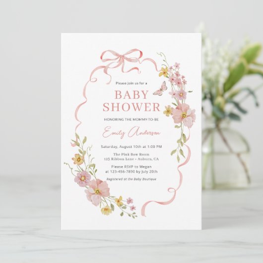 Pink Bow Coquette Wildflower Butterfly Baby shower Kaart (Staand voorkant)