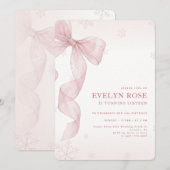 Pink Bow Coquette Winter 16th Birthday Party Kaart (Voorkant / Achterkant)