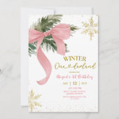 Pink Bow Coquette Winter Onederland Birthday Kaart (Voorkant)