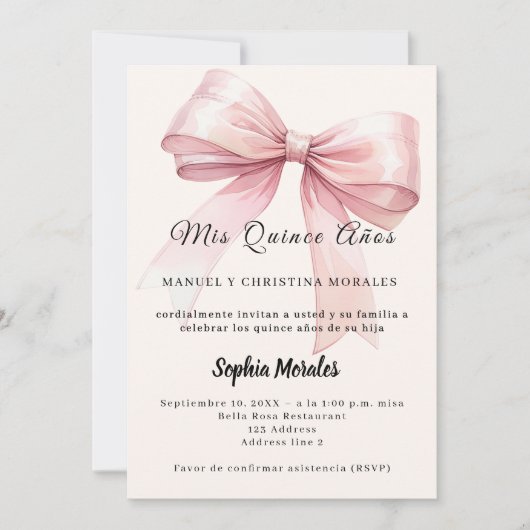 Pink bow cream elegant Quinceanera Kaart (Voorkant)