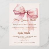 Pink bow cream elegant rose gold Quinceanera Folie Uitnodiging (Voorkant)