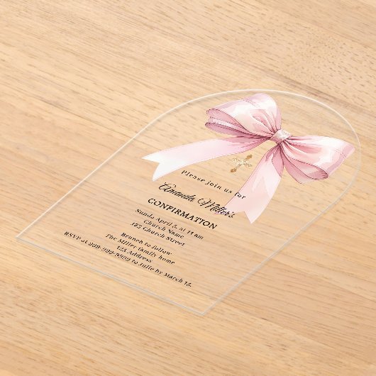 Pink bow cream girl Confirmation arch Acryl Uitnodigingen (Laagn)