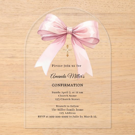 Pink bow cream girl Confirmation arch Acryl Uitnodigingen (Voorkant)