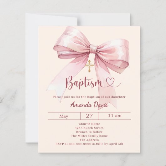 Pink bow cream girl elegant Baptism invitation (Voorkant)