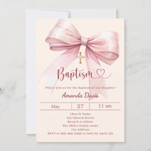 Pink bow cream girl elegant Baptism Kaart (Voorkant)