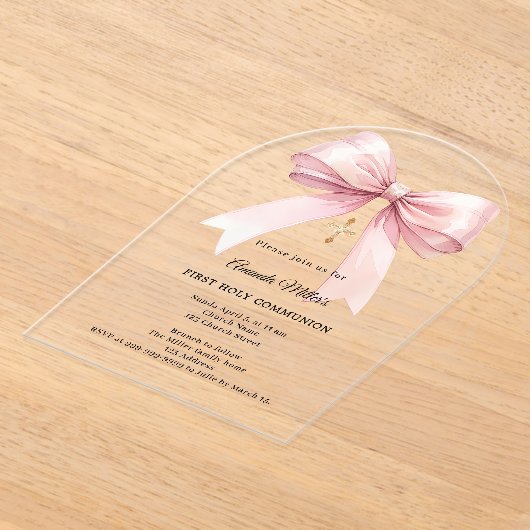 Pink bow cream girl First Communion arch Acryl Uitnodigingen (Laagn)