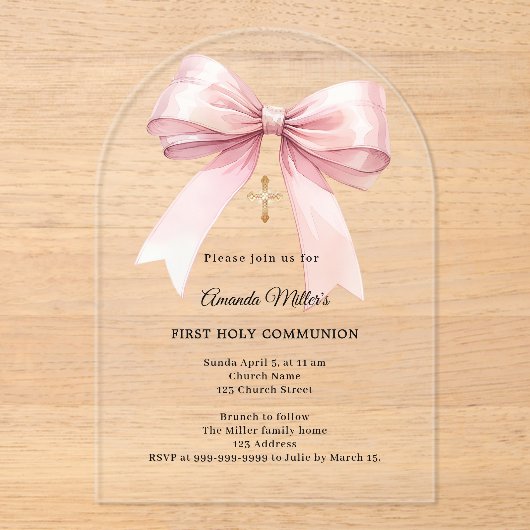 Pink bow cream girl First Communion arch Acryl Uitnodigingen (Voorkant)