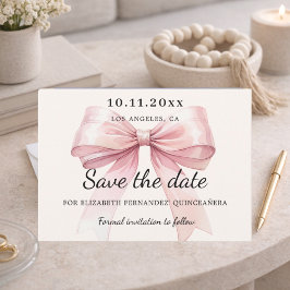 Pink bow cream Quinceanera Save the Date card