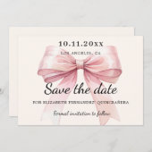 Pink bow cream Quinceanera Save the Date card (Voorkant / Achterkant)