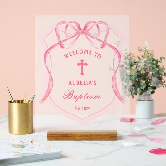 Pink Bow Crest doop welkom Acryl Bord (Huwelijk)