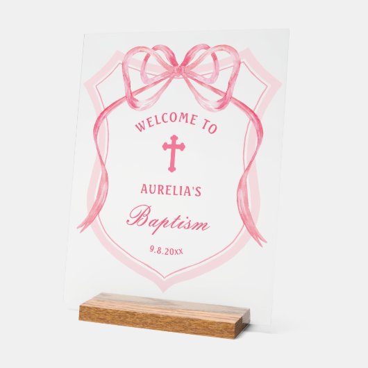 Pink Bow Crest doop welkom Acryl Bord (Hoek)