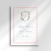 Pink Bow Crest Monogram Baby Shower Kaart