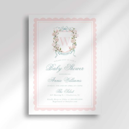 Pink Bow Crest Monogram Baby Shower Kaart