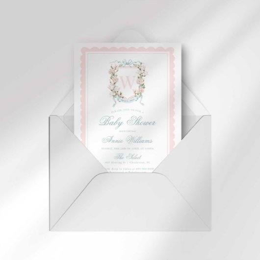 Pink Bow Crest Monogram Baby Shower Kaart